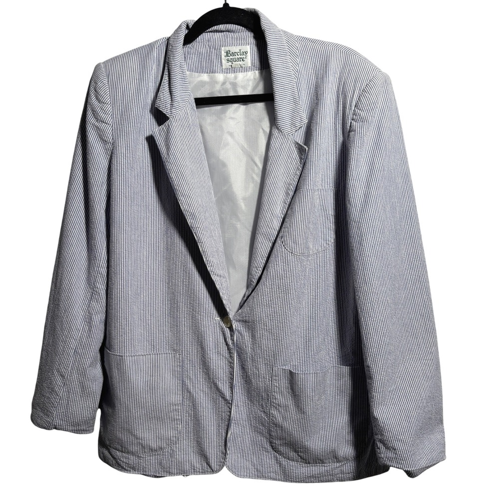 Vintage USA Made‎ Blue White Striped Seersucker Blazer Jacket Barclay Square XXL